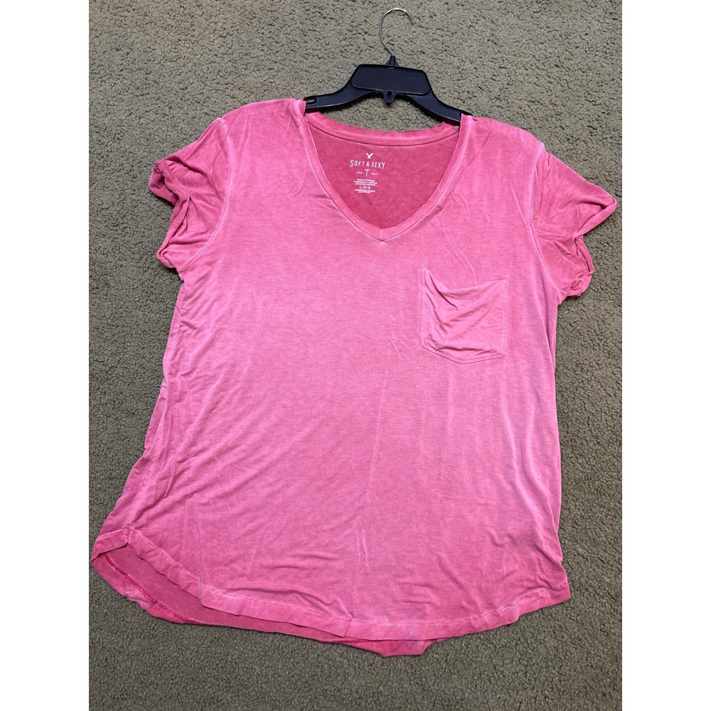 American Eagle Soft & Sexy Pink V-Neck Pocket T-Shirt Womens Large Short Sleeve